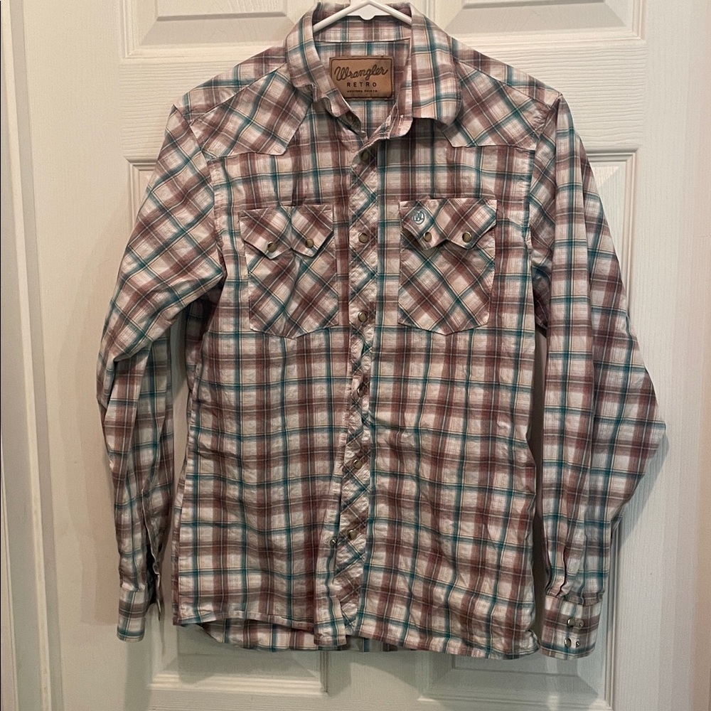 Wrangler green and brown pearl snap long sleeve Plaid Shirt
